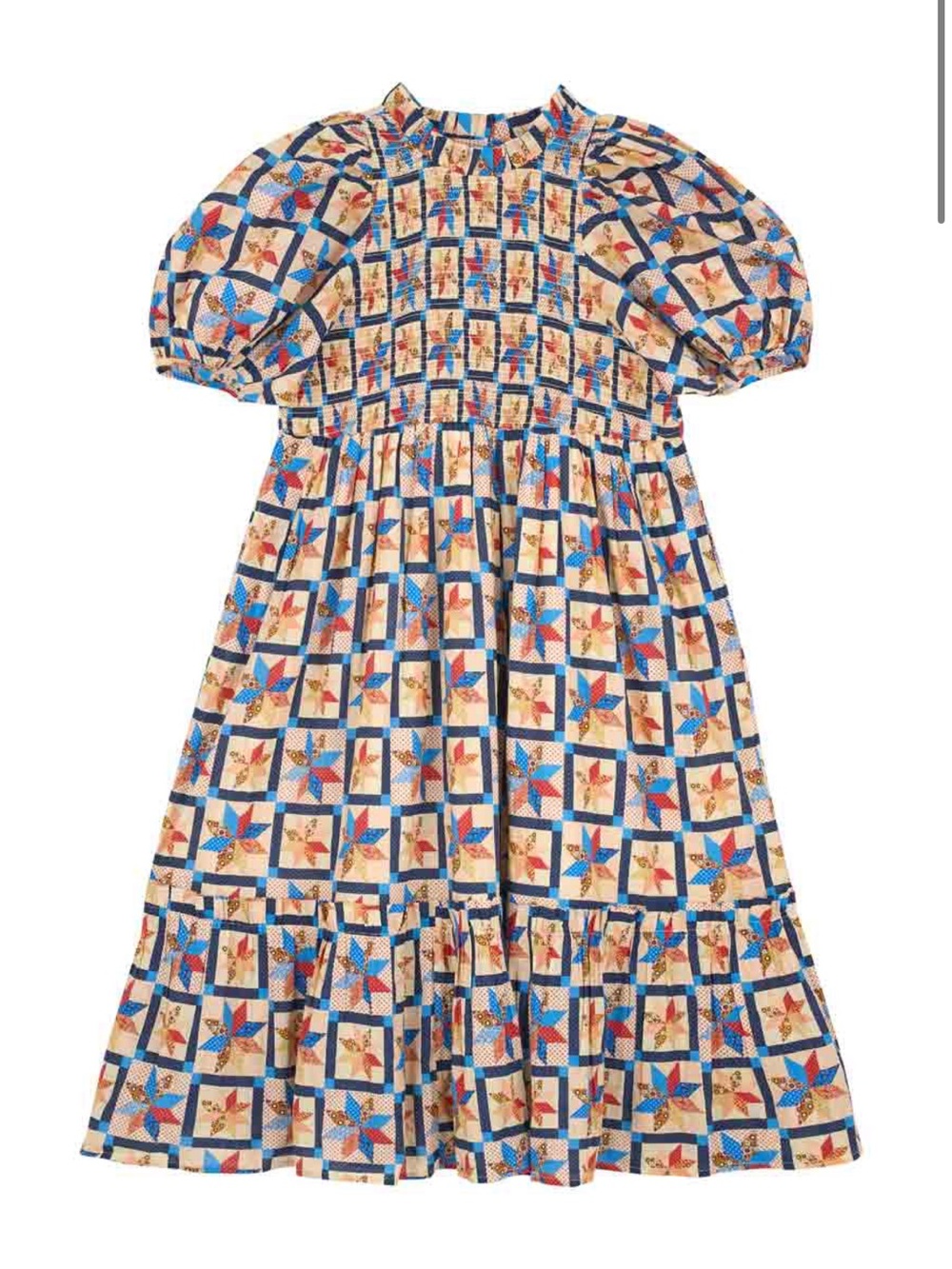 Joanie Clothing Priya Patchwork Print Puff Sleeve Midi Dress size XS Like New